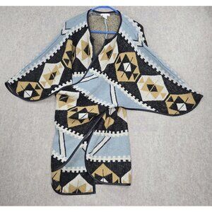 H&M Geometric Tribal Print Wrap Cardigan Blue/Beige Black Contrast Trim